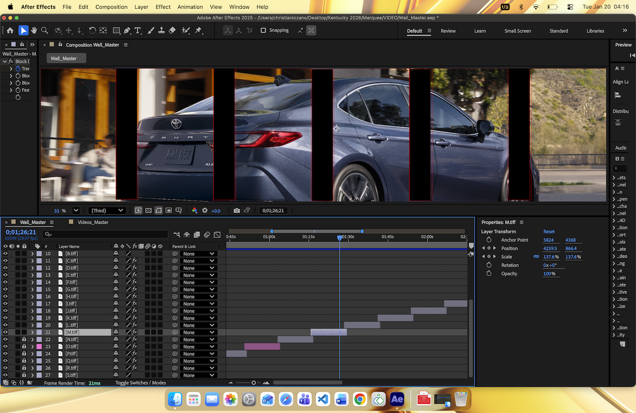After Effects composition of the marquee wall, with the physical screen gaps blocked out so no action is lost behind a mullion