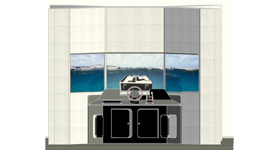 Fabrication draft of the Ship's Bridge Simulator: three wrapped screens as bridge windows above a console with wheel and throttle