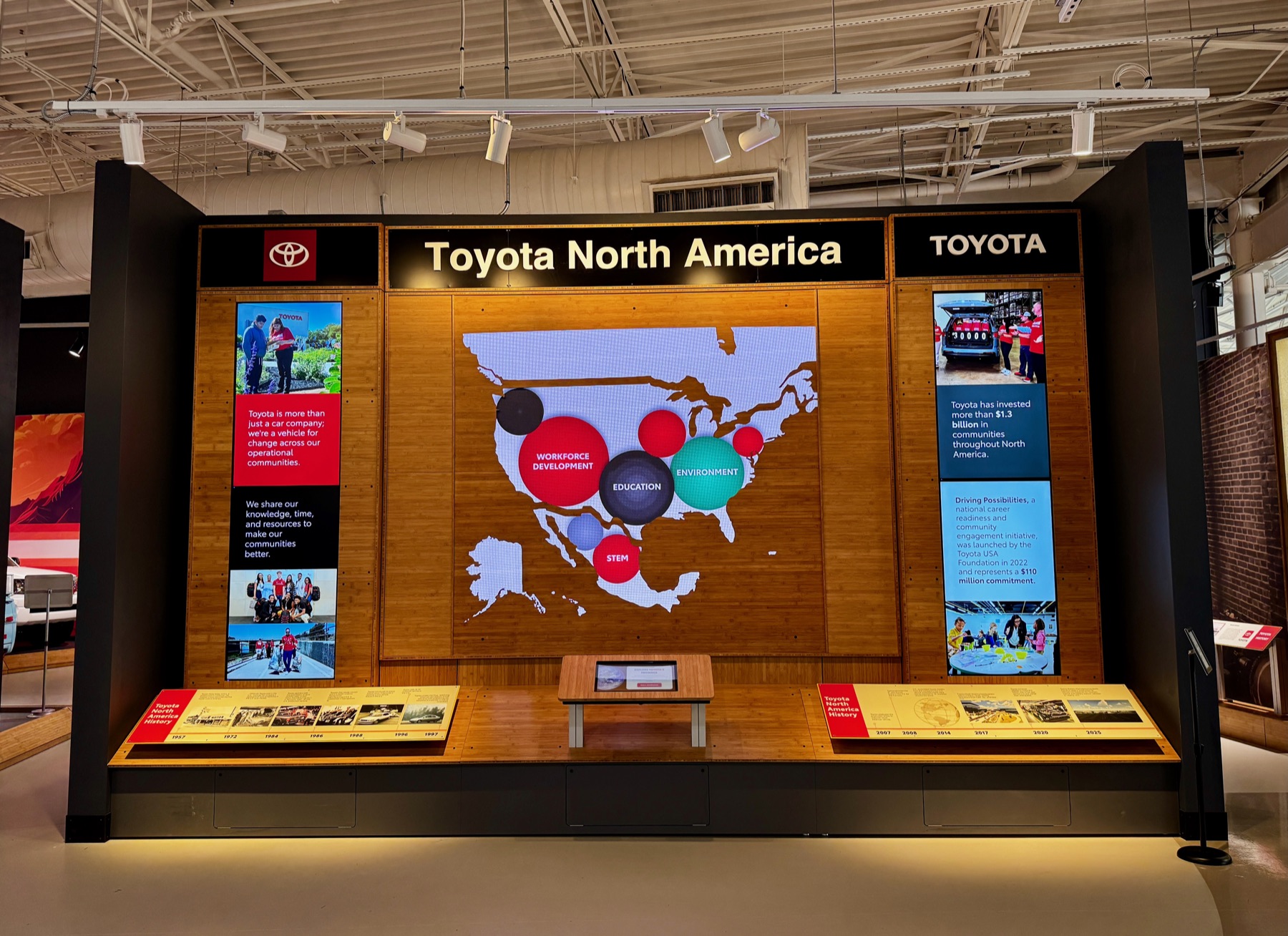 Toyota North America exhibit — synchronized interactive map installation in Plano, Texas